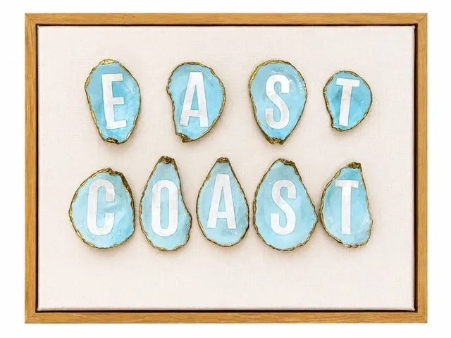 East Coast - Handmade Oyster Shell Art - Sea Glass Blue with Gilded Edges on Stretched Canvas