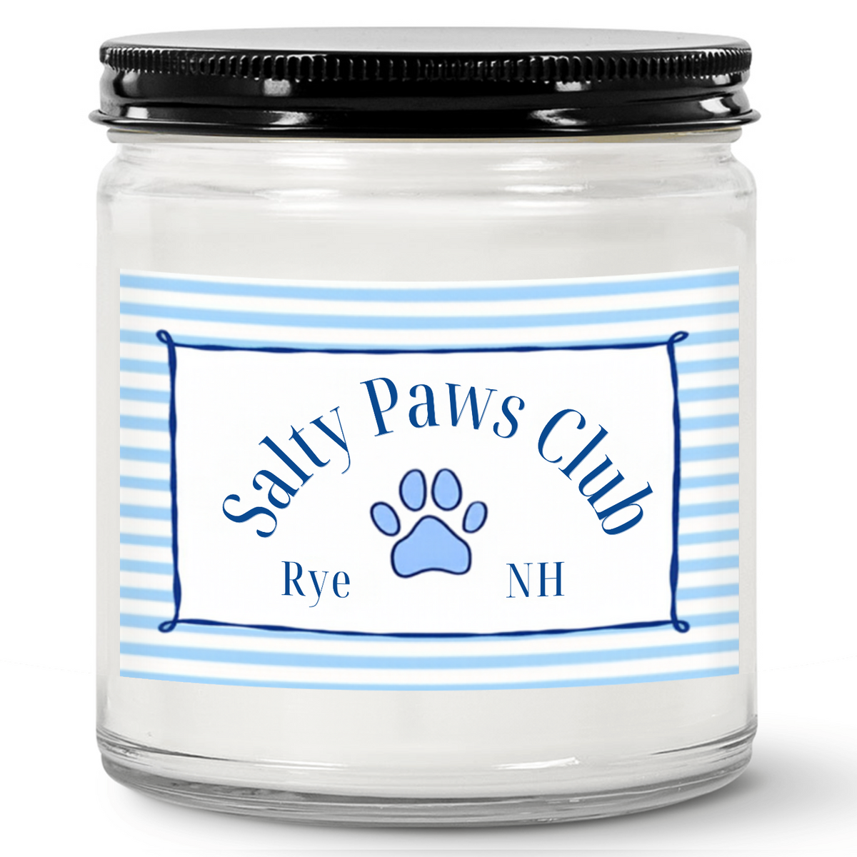 Salty Paws Club blue and white striped soy candle, 4oz jar